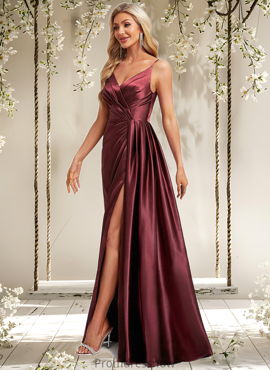 Hedwig A-line V-Neck Floor-Length Stretch Satin Bridesmaid Dress With Ruffle HPP0025785