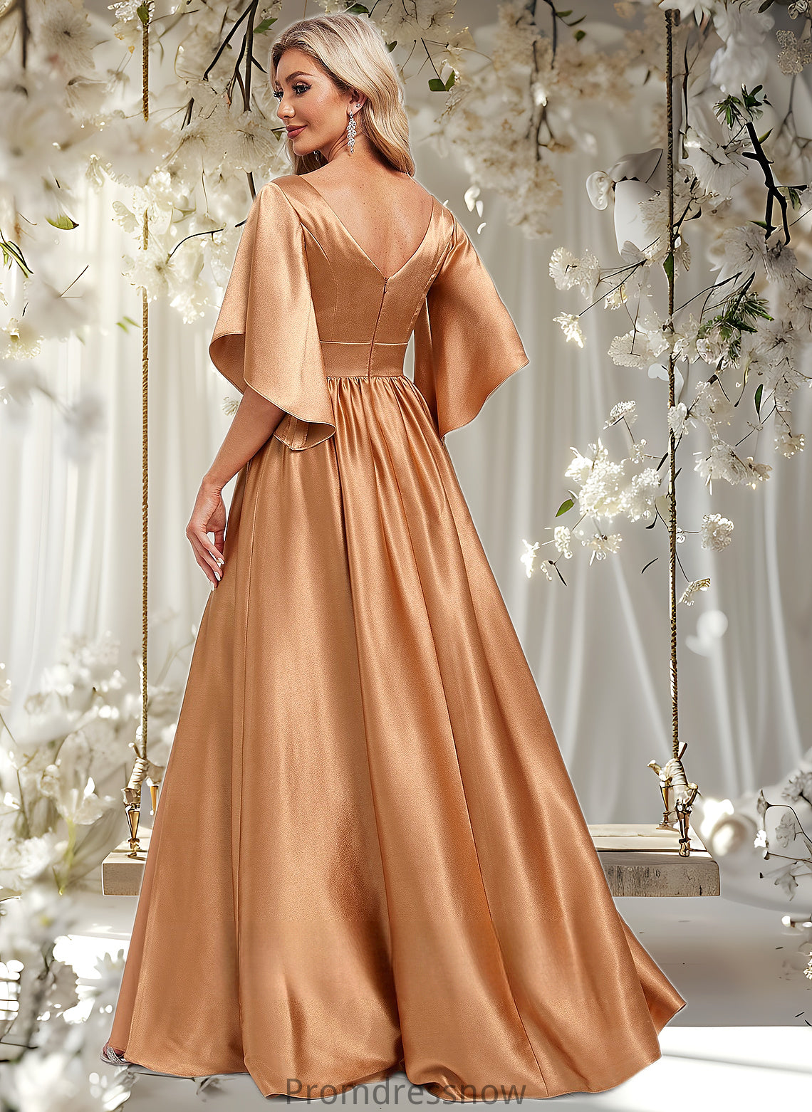 Chana A-line V-Neck Floor-Length Stretch Satin Bridesmaid Dress HPP0025793