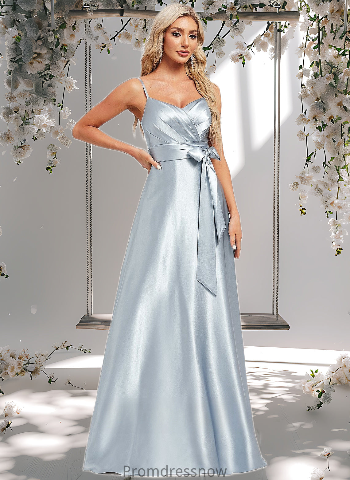 Danielle A-line V-Neck Floor-Length Stretch Satin Bridesmaid Dress HPP0025795