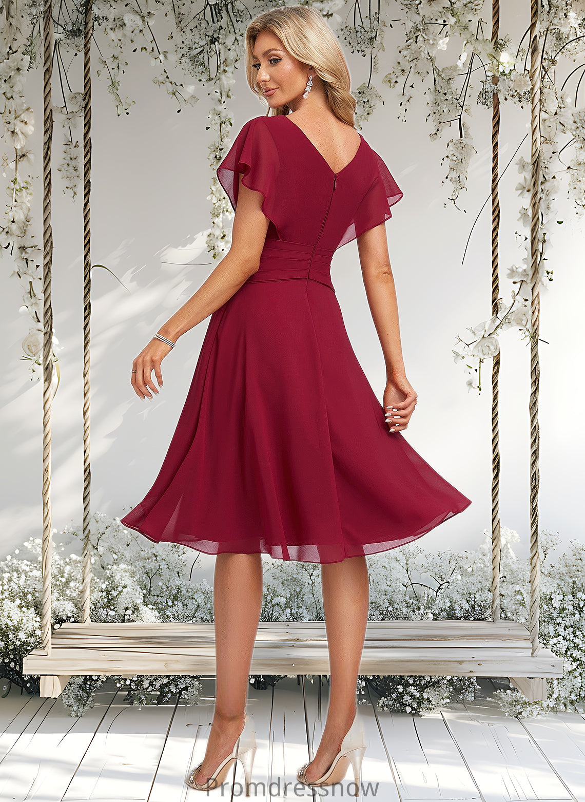 Ashanti A-line V-Neck Knee-Length Chiffon Homecoming Dress With Ruffle HPP0025716