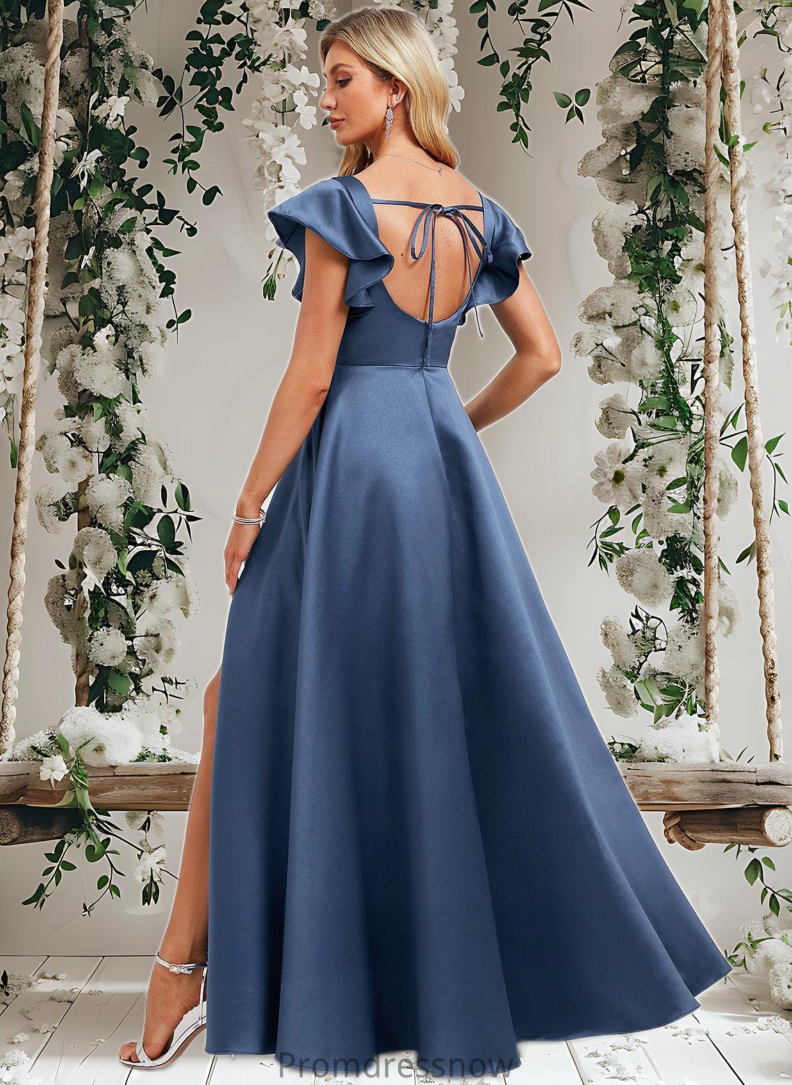 Sahna A-line Square Floor-Length Satin Bridesmaid Dress With Ruffle HPP0025774