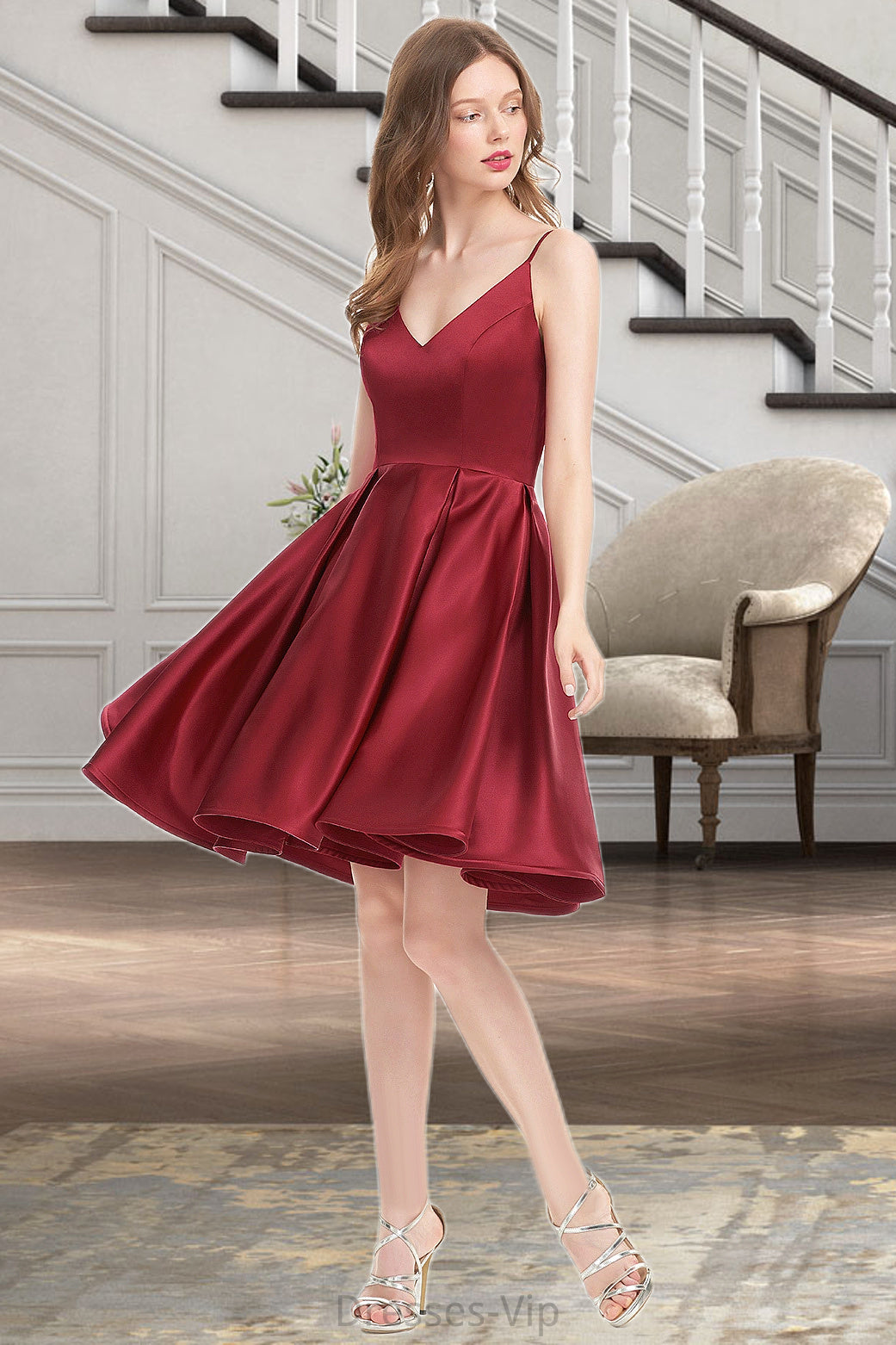 Juliette A-line V-Neck Short/Mini Satin Homecoming Dress HPP0020542