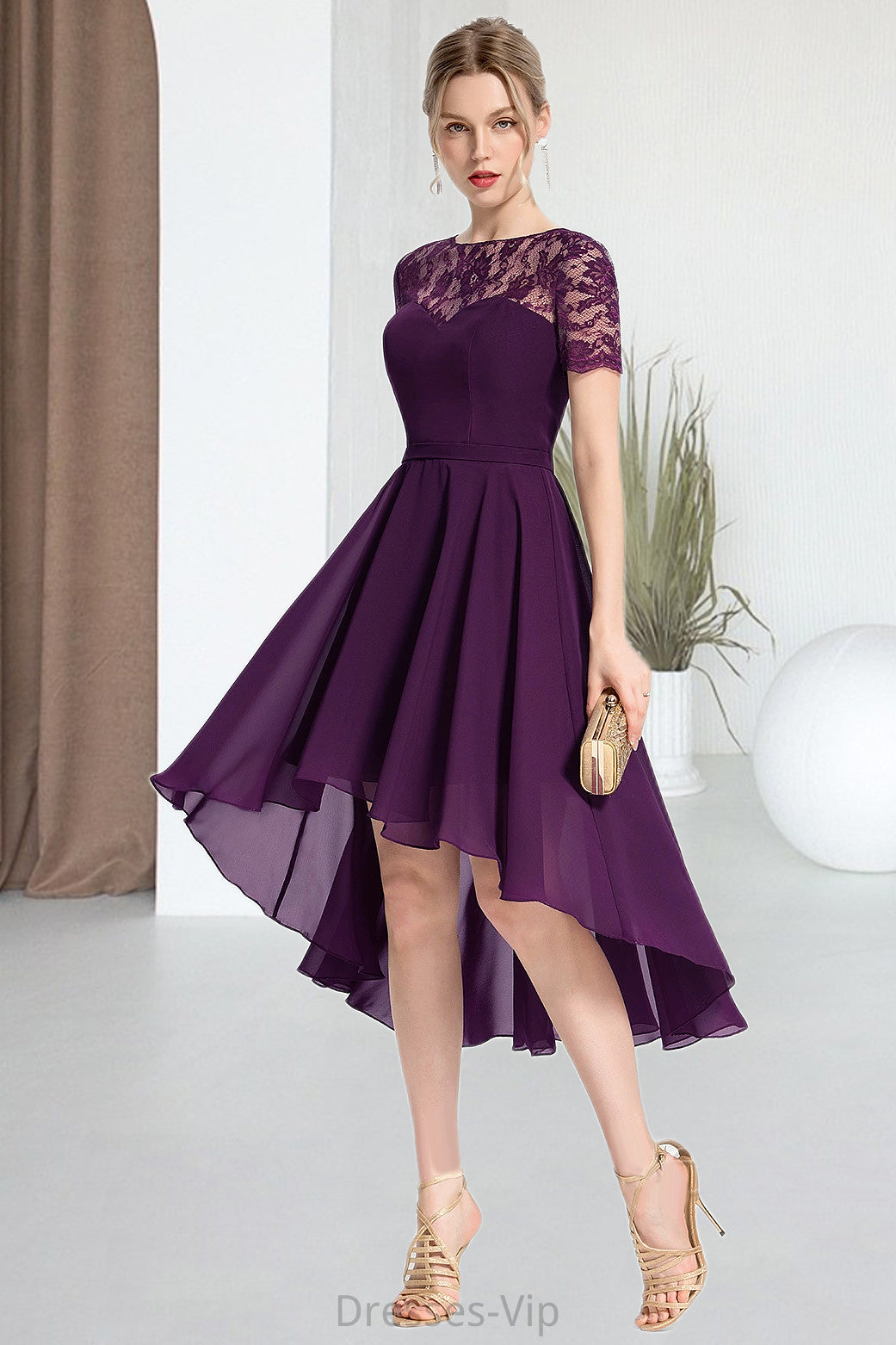 Samantha A-line Scoop Asymmetrical Chiffon Lace Homecoming Dress HPP0020587