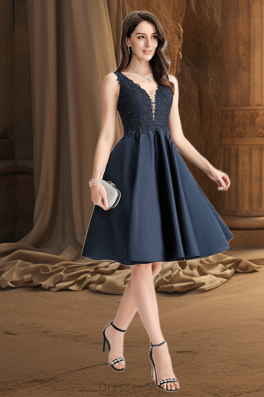 Giada A-line V-Neck Knee-Length Lace Satin Homecoming Dress With Beading HPP0020517