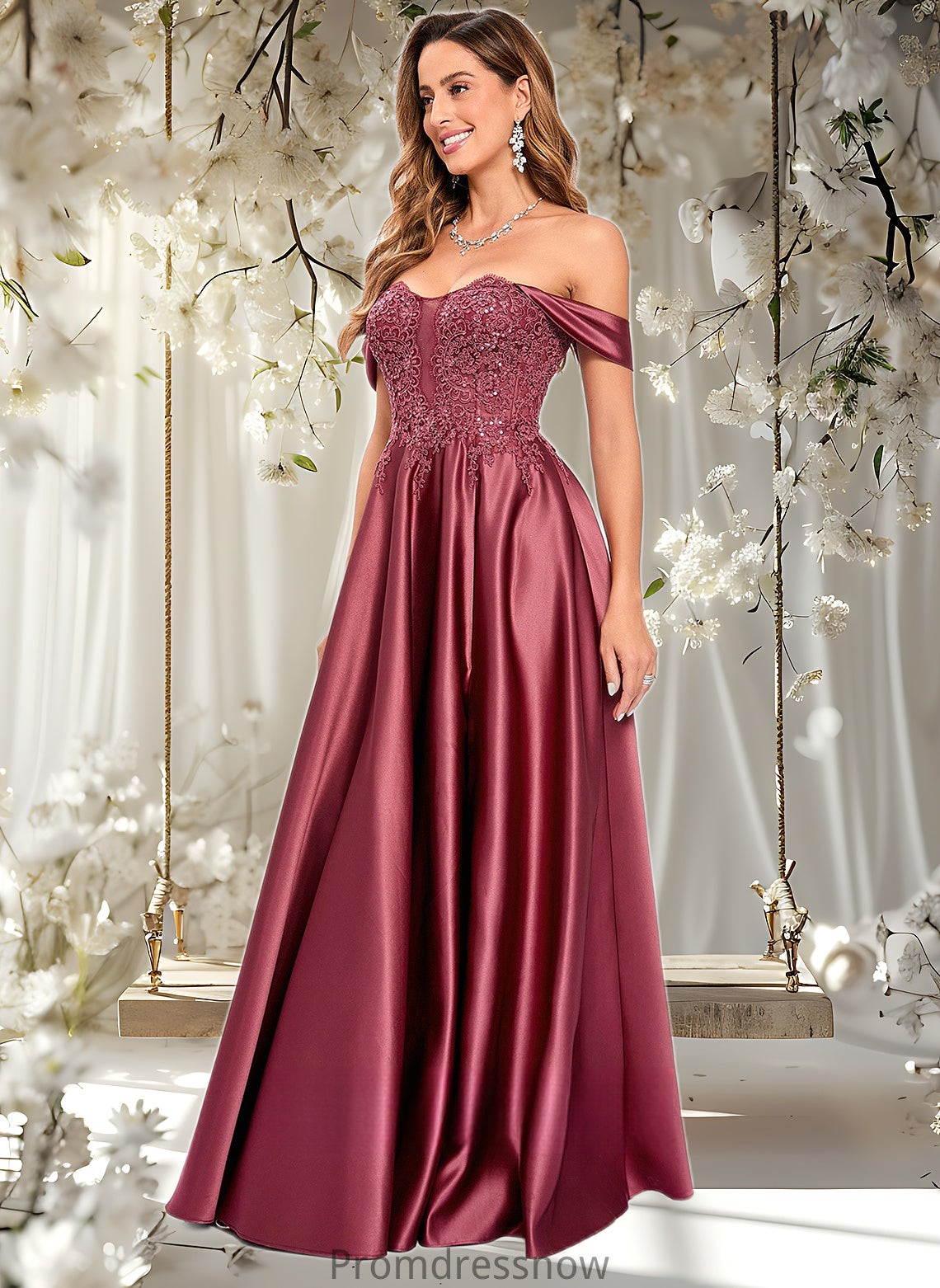 Amira A-line Off the Shoulder Floor-Length Satin Lace Prom Dresses With Sequins HPP0025841