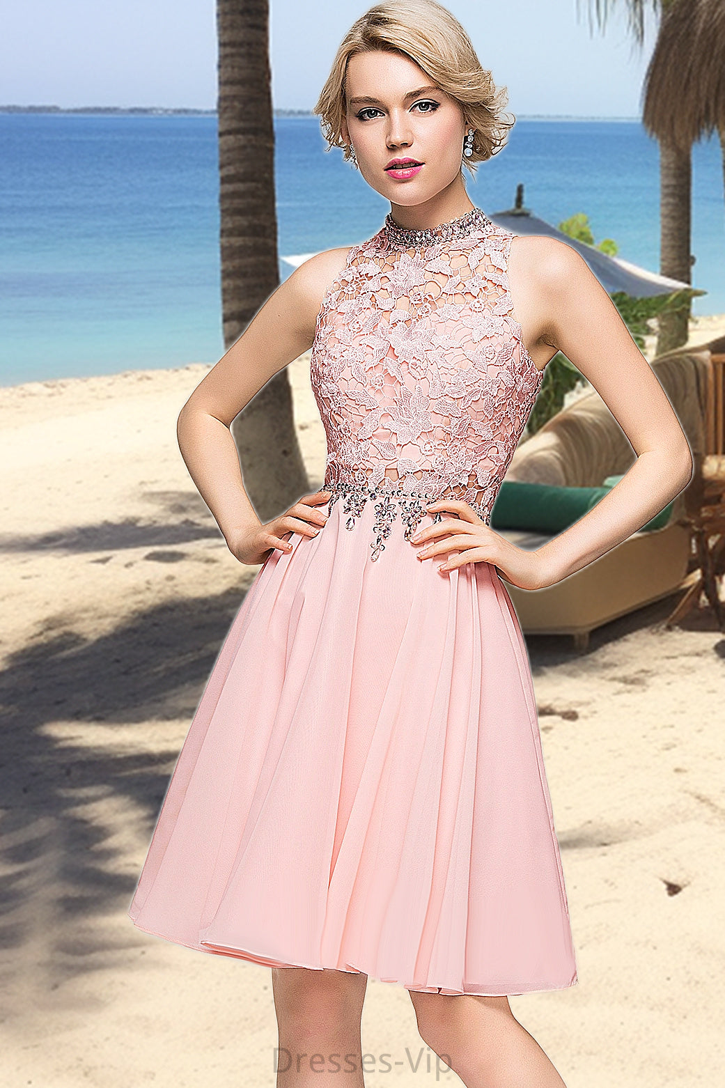 Germaine A-line High Neck Knee-Length Chiffon Lace Homecoming Dress With Beading Sequins HPP0020596