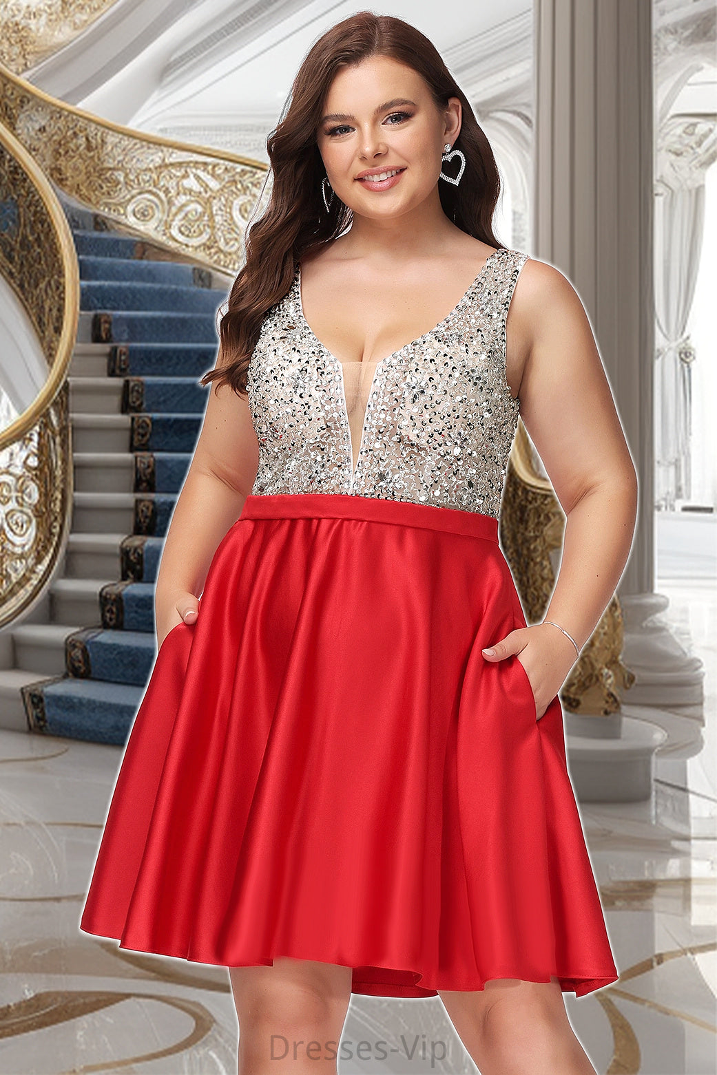 Jaelyn A-line V-Neck Short/Mini Satin Homecoming Dress With Beading Sequins HPP0020569