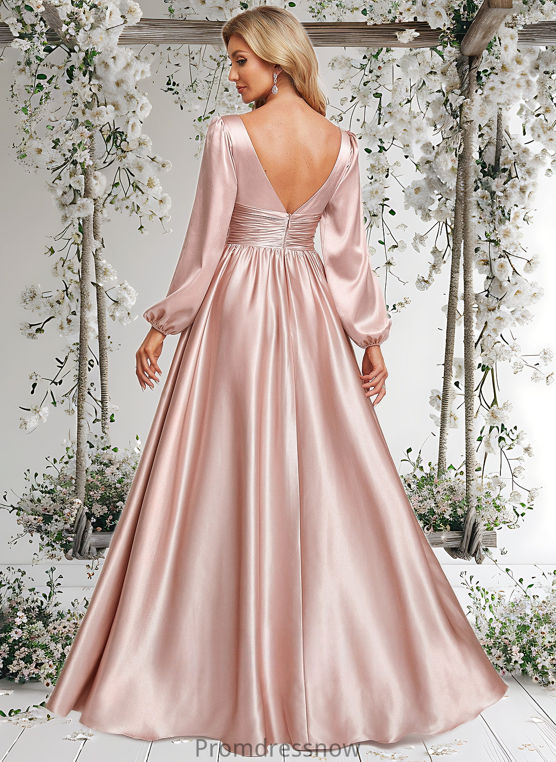 Michelle A-line V-Neck Floor-Length Stretch Satin Prom Dresses HPP0025880