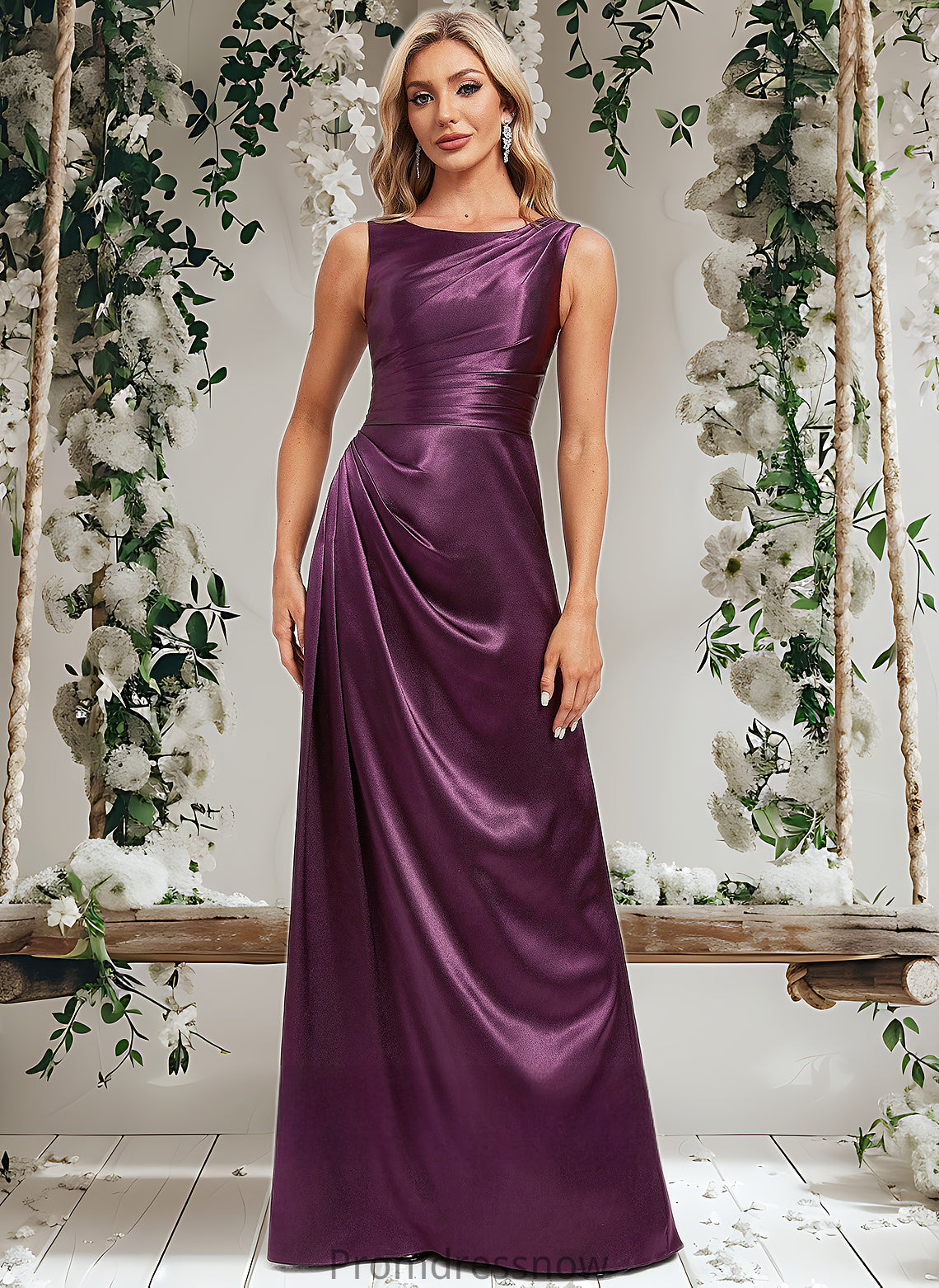 London A-line Scoop Floor-Length Stretch Satin Bridesmaid Dress HPP0025829