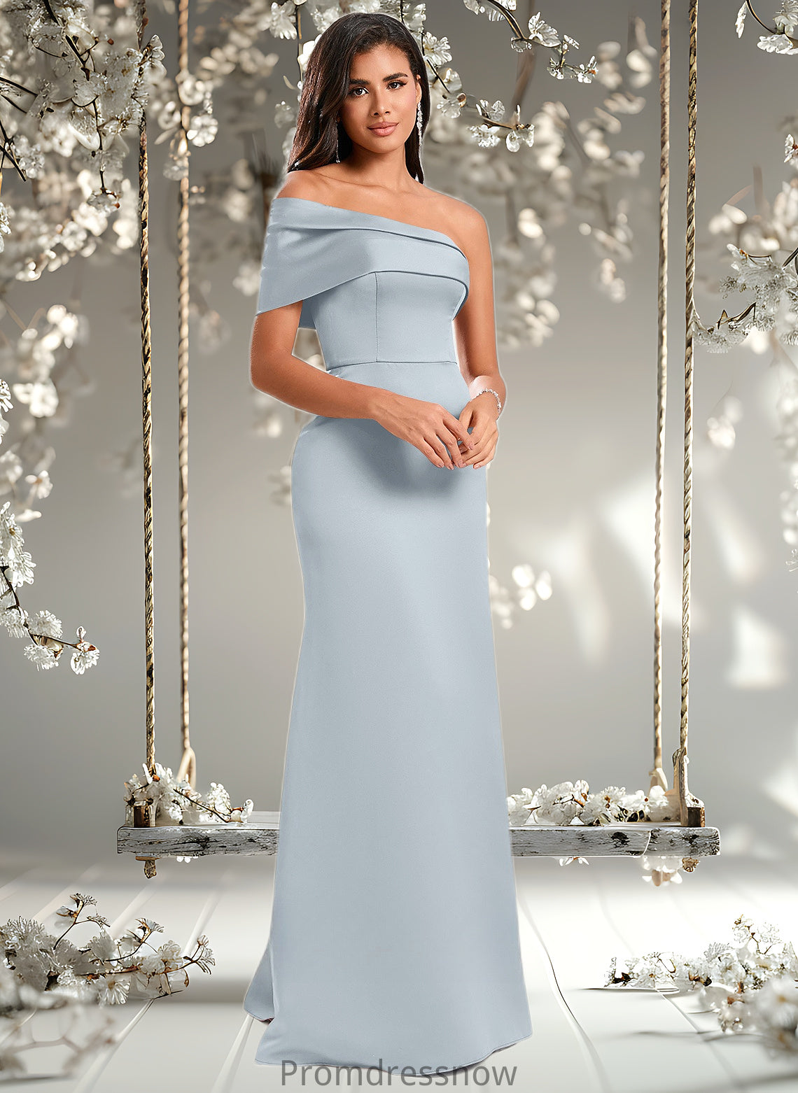 Adrianna A-line Asymmetrical Off the Shoulder Floor-Length Satin Prom Dresses HPP0025884