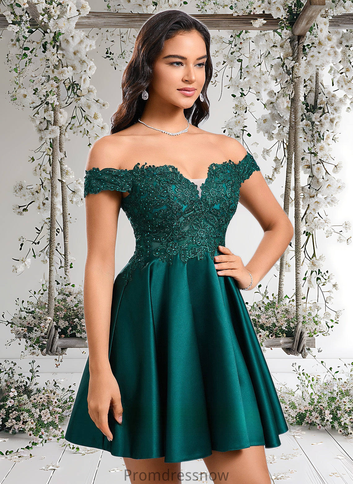 Tara A-line Off the Shoulder Short Lace Satin Homecoming Dress With Rhinestone HPP0025718