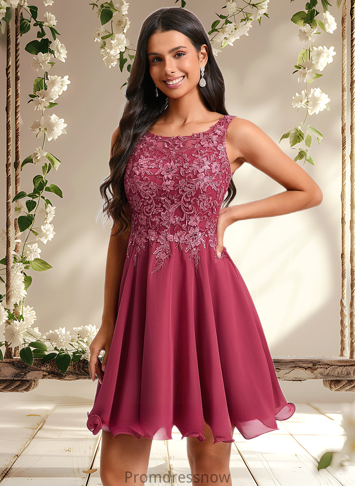 Avah A-line Scoop Short Chiffon Homecoming Dress With Sequins Appliques Lace HPP0025681