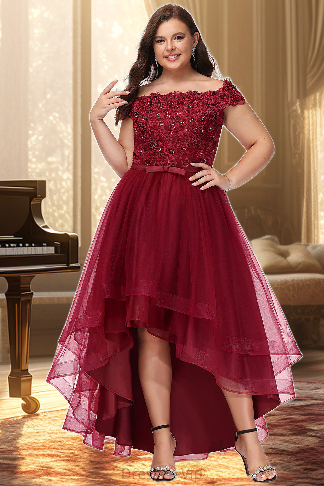 Willow A-line Off the Shoulder Asymmetrical Lace Tulle Homecoming Dress With Beading Bow Sequins HPP0020535