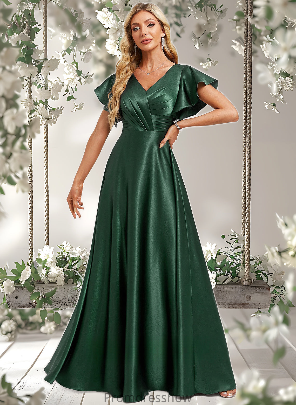 Kaleigh A-line V-Neck Floor-Length Stretch Satin Bridesmaid Dress With Ruffle HPP0025773