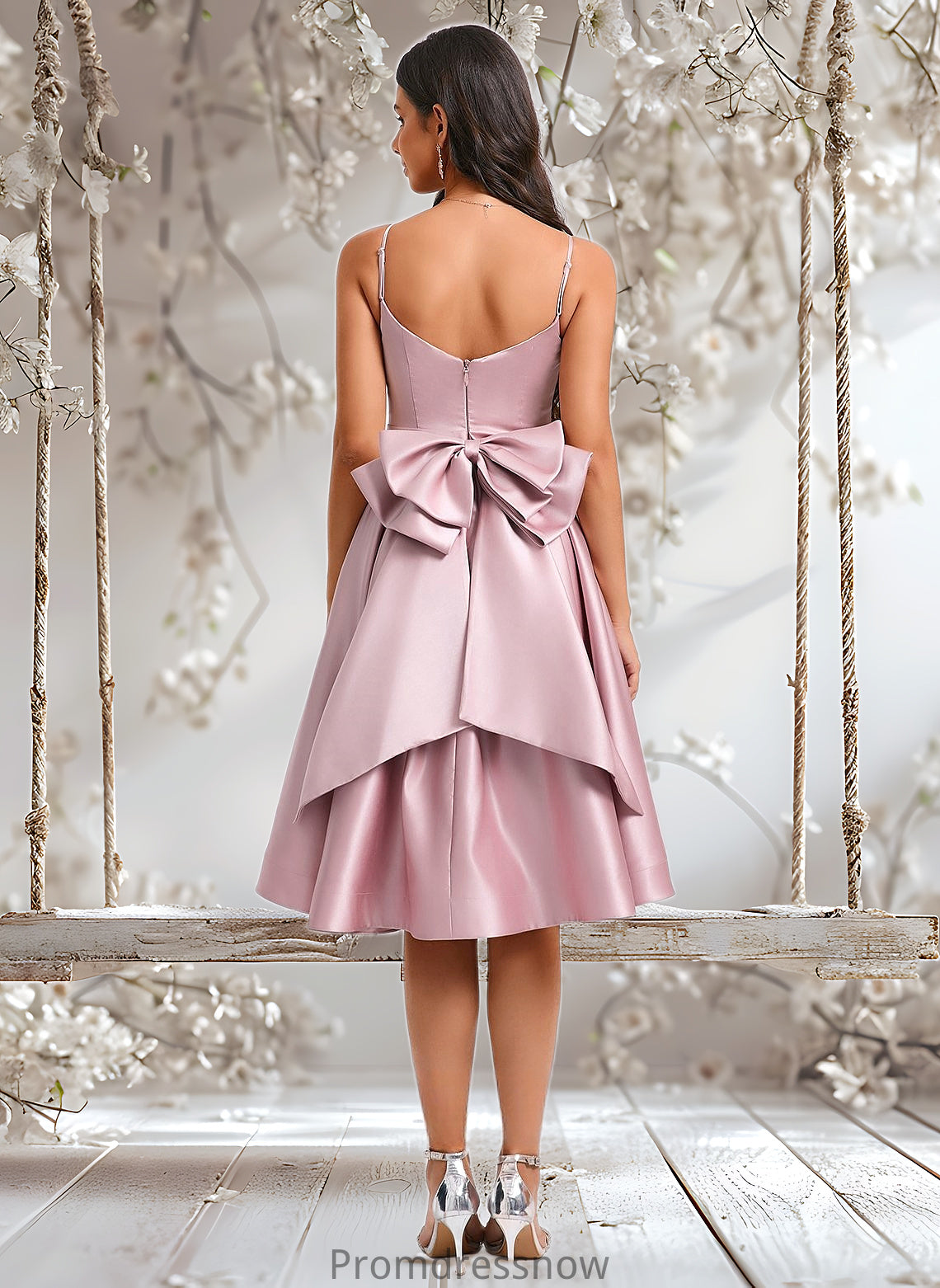 Larissa A-line V-Neck Asymmetrical Satin Homecoming Dress With Bow Pleated HPP0025699