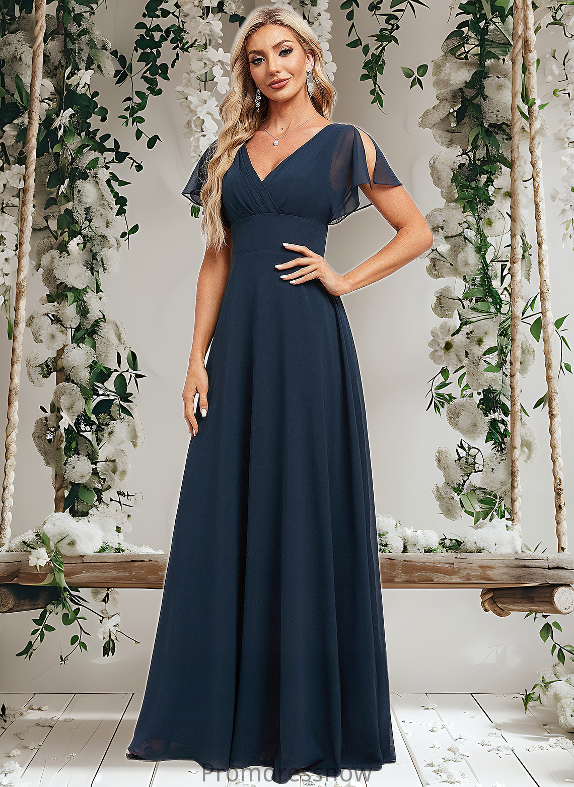 Kylie A-line V-Neck Floor-Length Chiffon Bridesmaid Dress HPP0025806