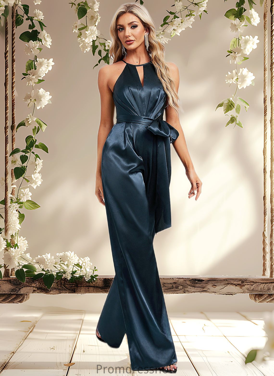 Kristen Jumpsuit/Pantsuit Halter Floor-Length Stretch Satin Bridesmaid Dress HPP0025805