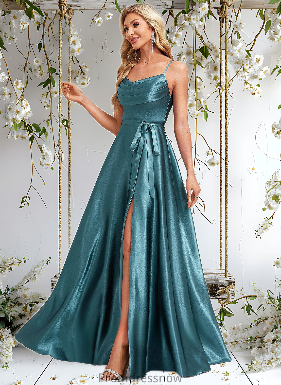 Rory A-line Cowl Floor-Length Stretch Satin Bridesmaid Dress With Ruffle HPP0025781