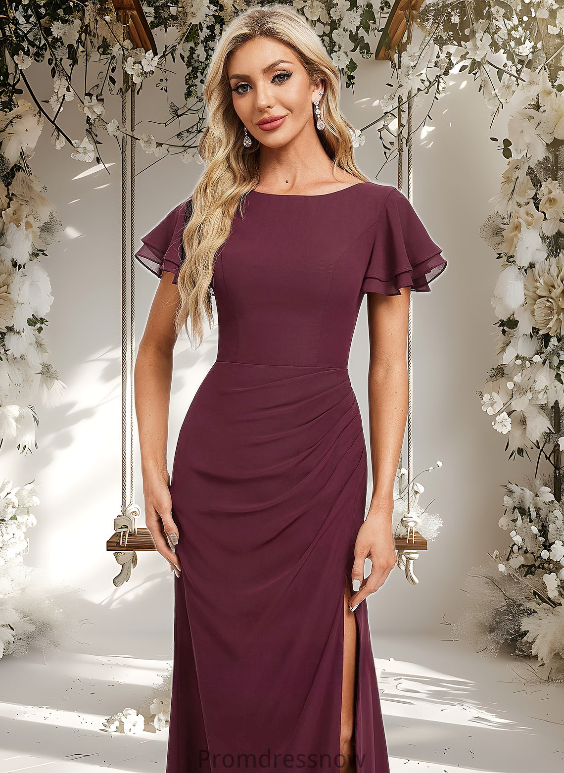 Esme A-line Boat Neck Floor-Length Chiffon Bridesmaid Dress With Ruffle HPP0025827