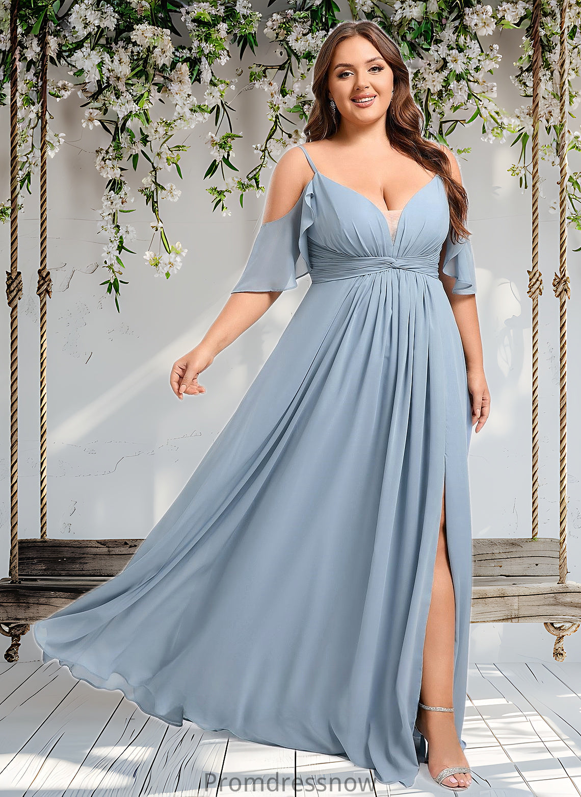 Madyson A-line Cold Shoulder Floor-Length Chiffon Bridesmaid Dress With Ruffle HPP0025797