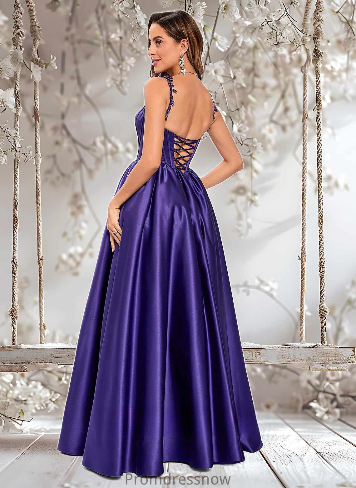 Courtney Ball-Gown/Princess Scoop Floor-Length Satin Prom Dresses With Appliques Lace Beading HPP0025865