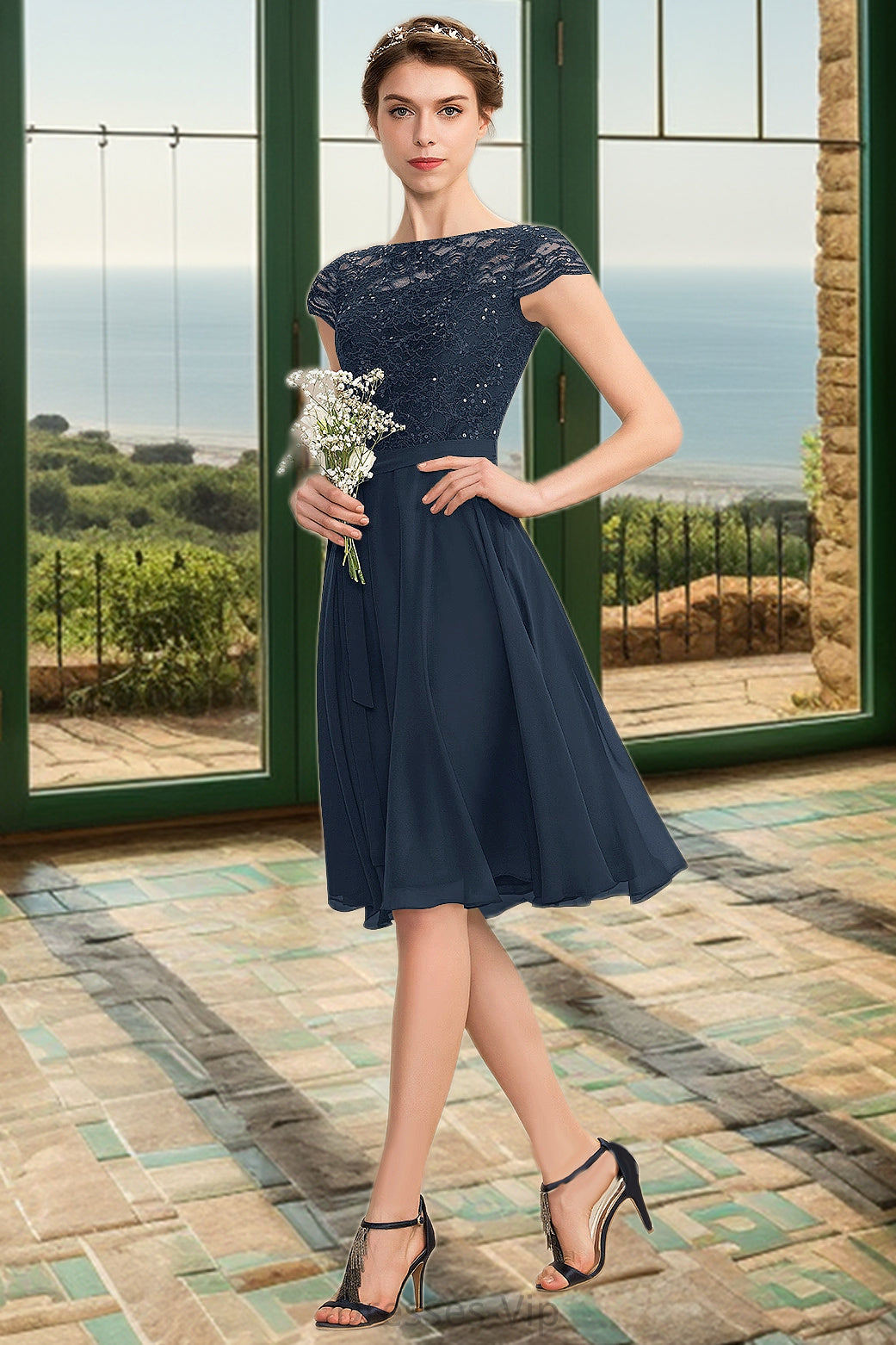 Joy A-line Scoop Knee-Length Chiffon Lace Homecoming Dress With Bow HPP0020581