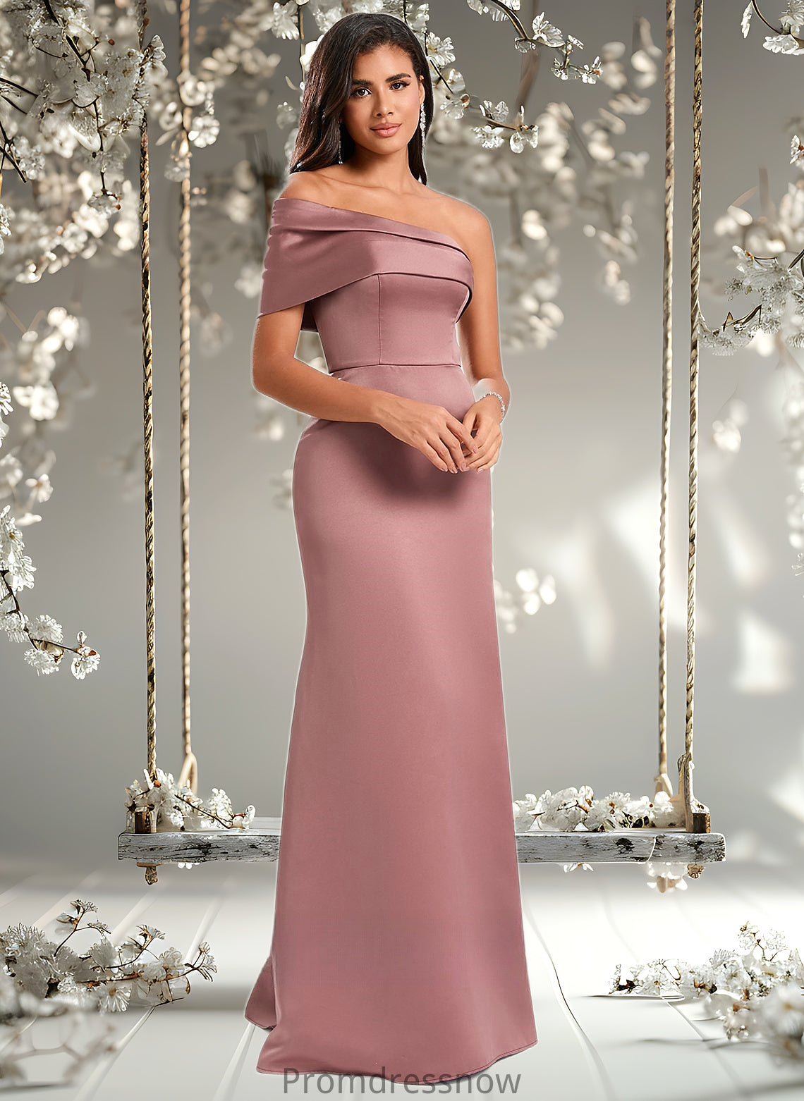 Adrianna A-line Asymmetrical Off the Shoulder Floor-Length Satin Prom Dresses HPP0025884