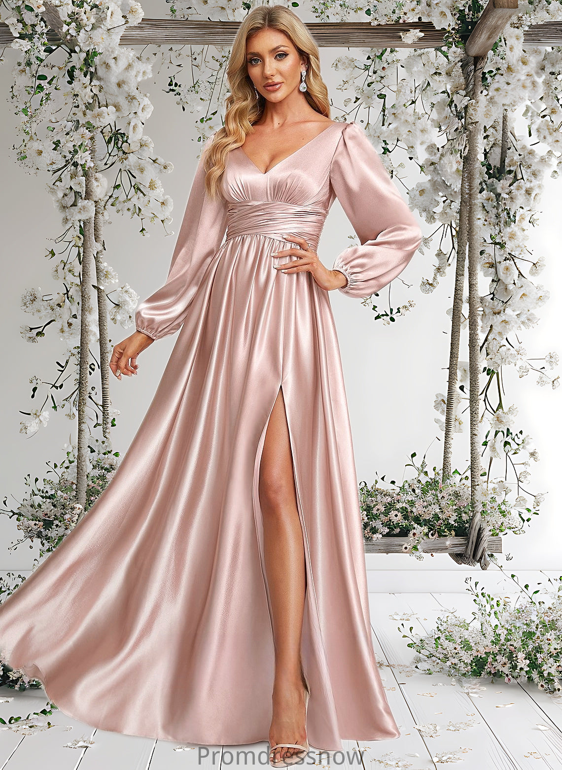 Michelle A-line V-Neck Floor-Length Stretch Satin Prom Dresses HPP0025880