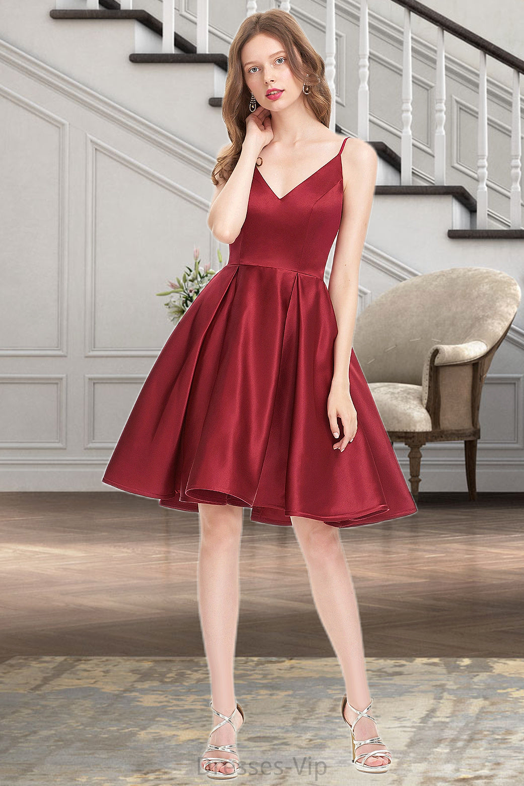 Juliette A-line V-Neck Short/Mini Satin Homecoming Dress HPP0020542