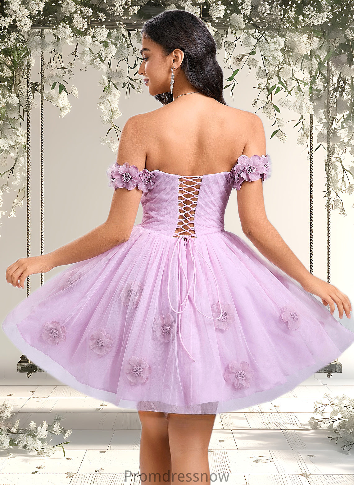 Alayna Ball-Gown/Princess Off the Shoulder Short Tulle Homecoming Dress With Pleated Flower HPP0025668