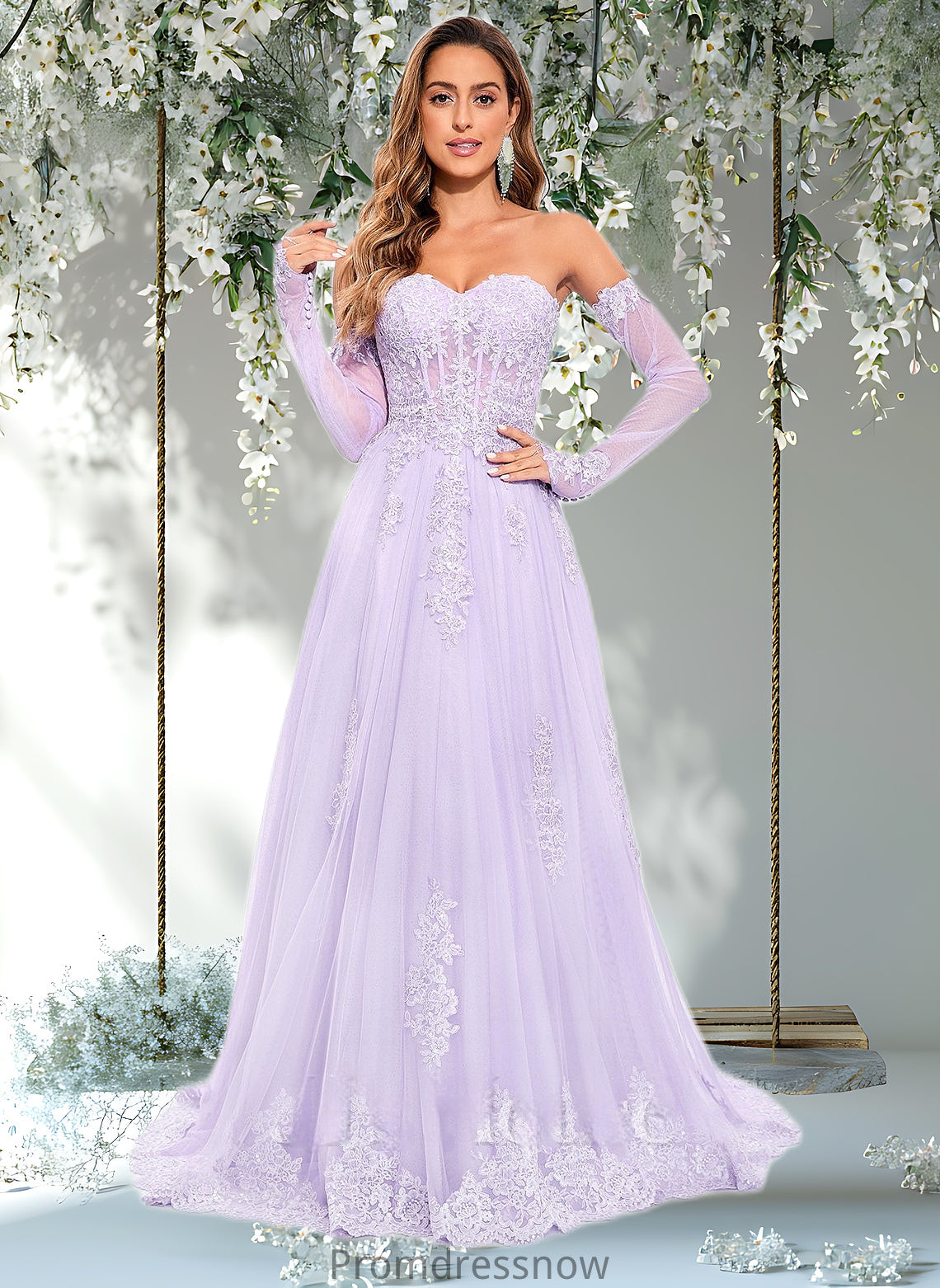 Arianna A-line Sweetheart Sweep Train Tulle Prom Dresses With Sequins Appliques Lace HPP0025856