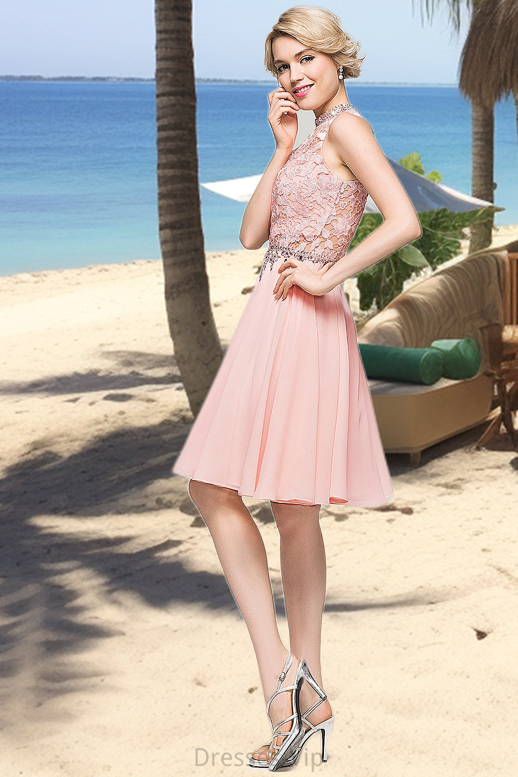 Germaine A-line High Neck Knee-Length Chiffon Lace Homecoming Dress With Beading Sequins HPP0020596