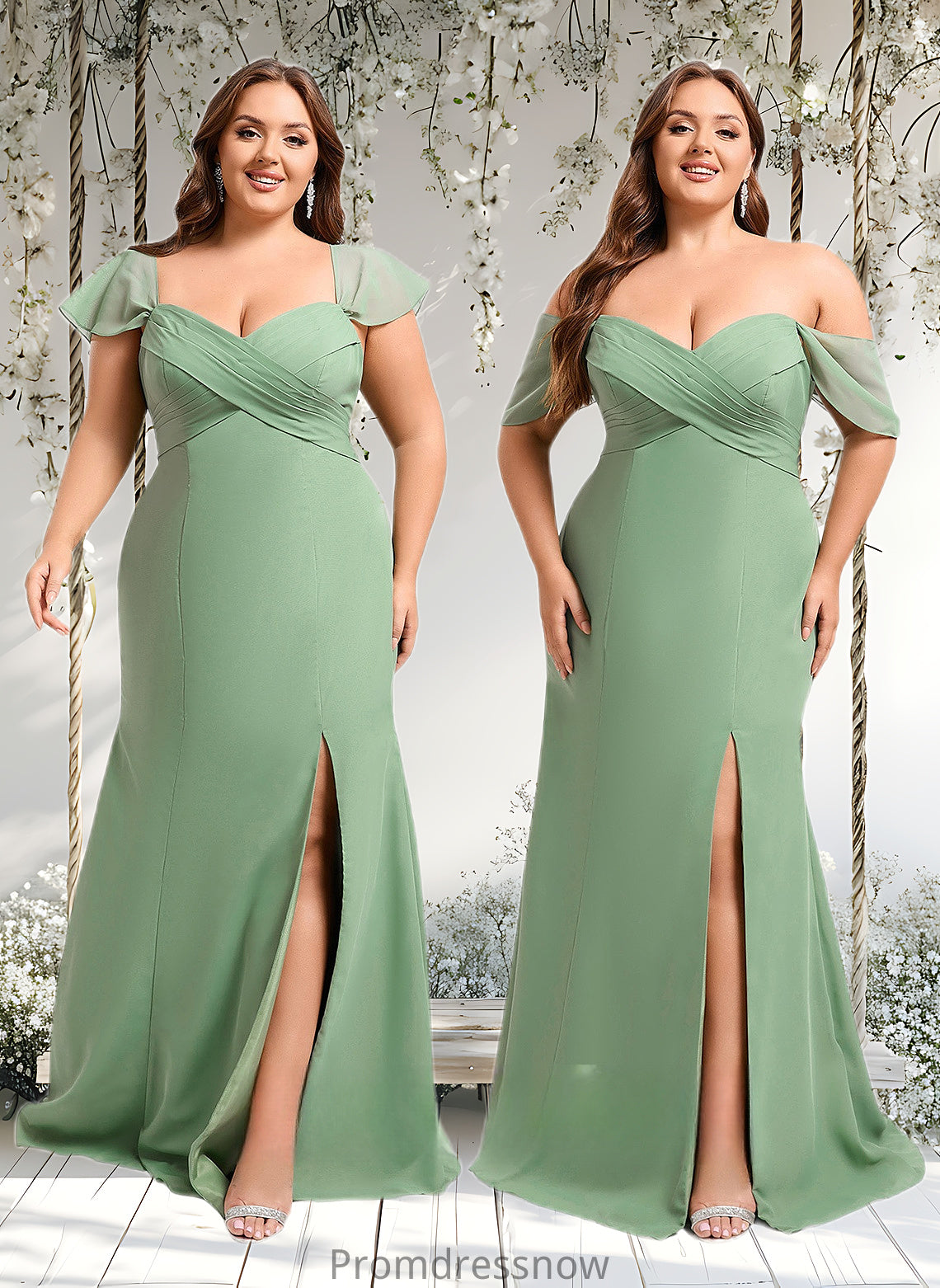 Maud Trumpet/Mermaid Off the Shoulder V-Neck Floor-Length Chiffon Bridesmaid Dress HPP0025810