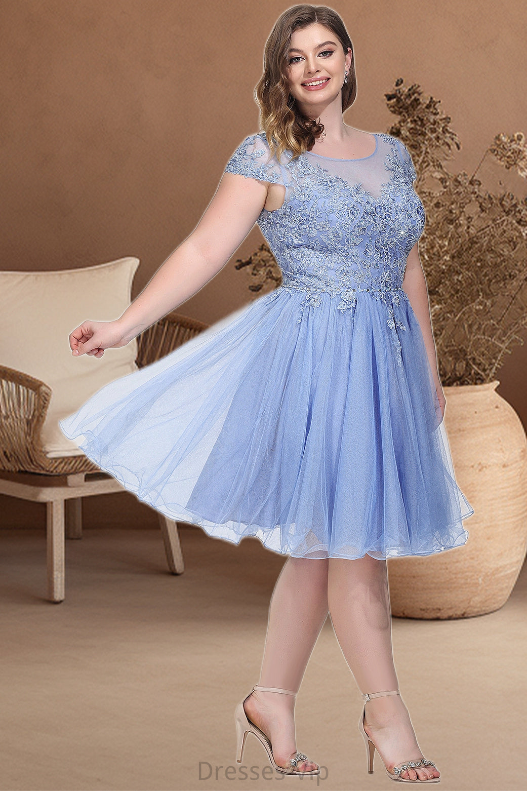 Jocelynn A-line Scoop Short/Mini Tulle Homecoming Dress With Beading Appliques Lace HPP0020547