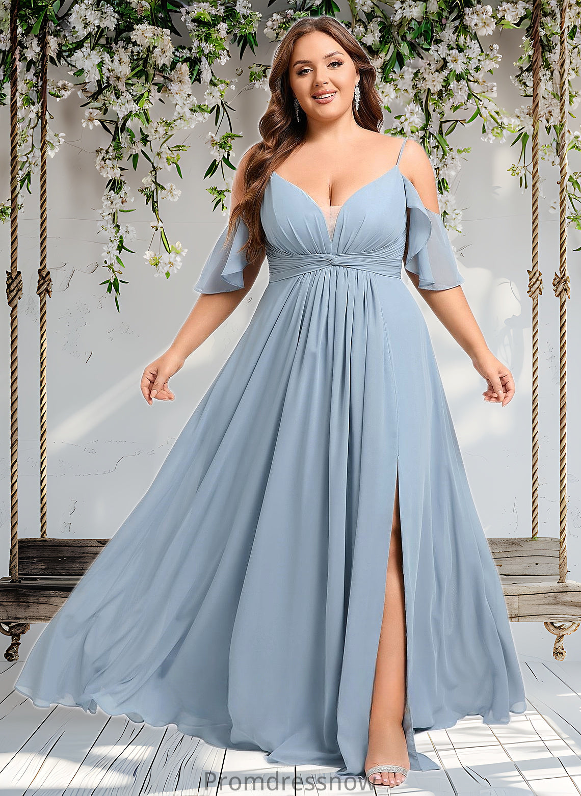 Madyson A-line Cold Shoulder Floor-Length Chiffon Bridesmaid Dress With Ruffle HPP0025797