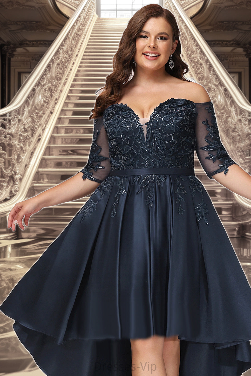 Audrey A-line Off the Shoulder Asymmetrical Lace Satin Homecoming Dress With Sequins HPP0020580