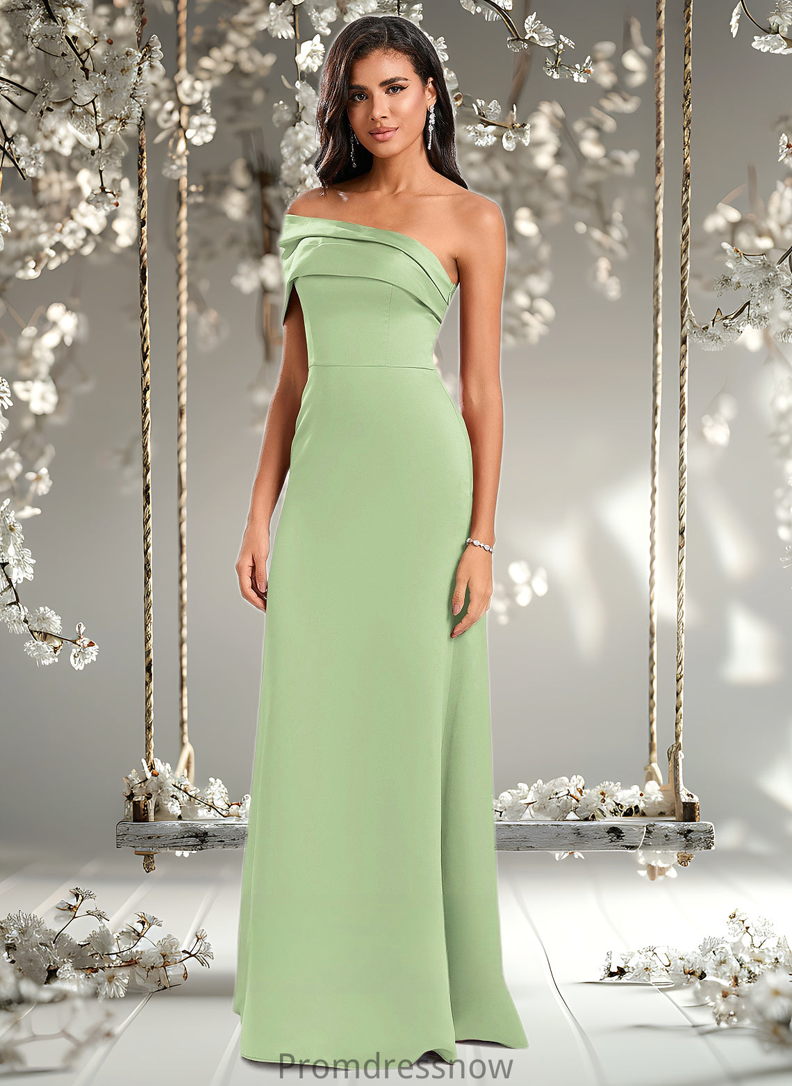 Adrianna A-line Asymmetrical Off the Shoulder Floor-Length Satin Prom Dresses HPP0025884