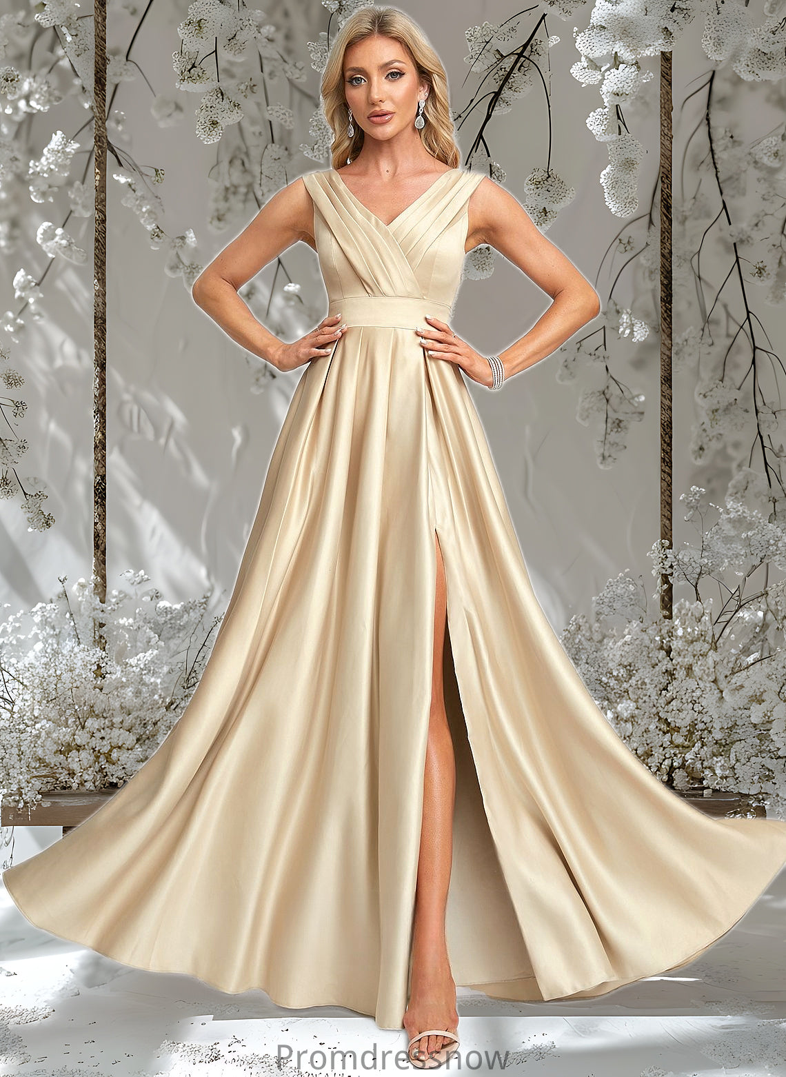 Megan A-line V-Neck Floor-Length Satin Prom Dresses HPP0025877