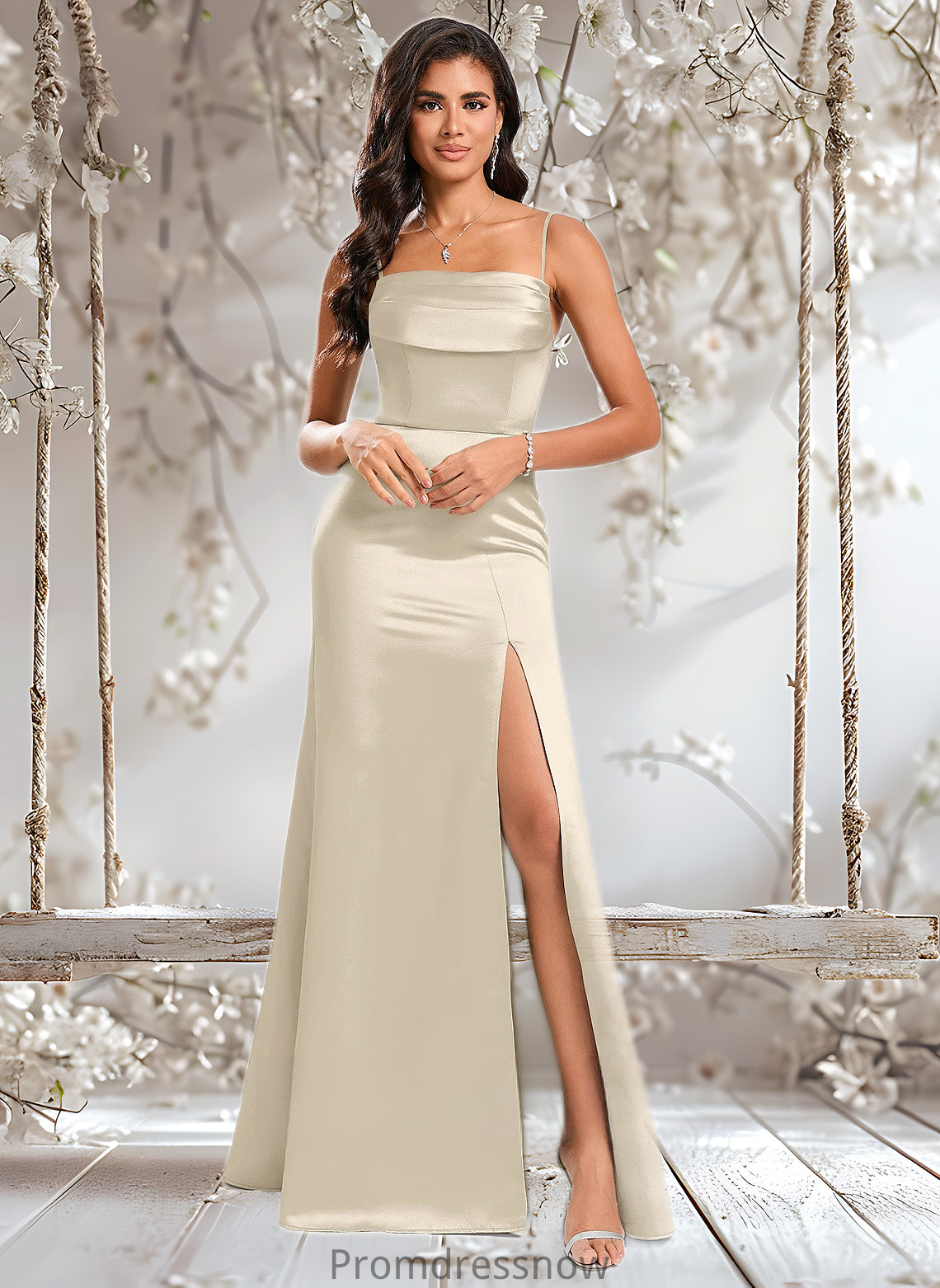 Margery Trumpet/Mermaid Off the Shoulder Square Floor-Length Satin Prom Dresses With Ruffle HPP0025883