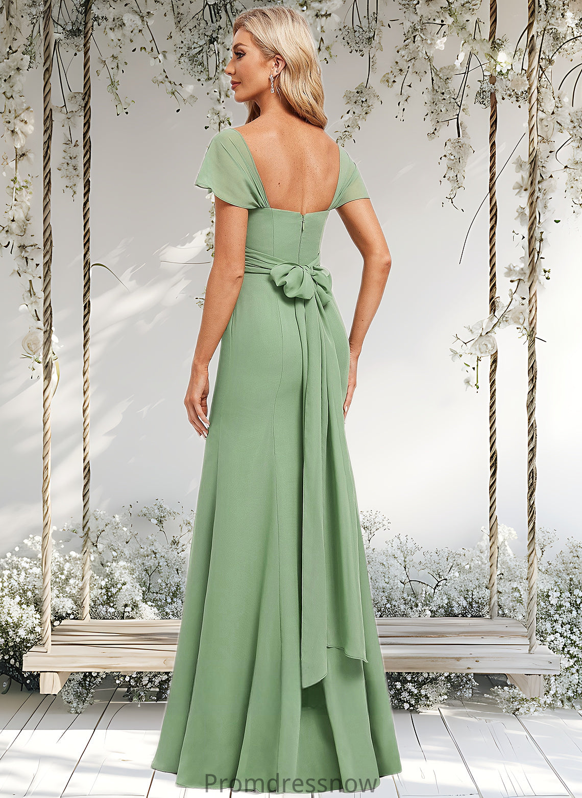 Maud Trumpet/Mermaid Off the Shoulder V-Neck Floor-Length Chiffon Bridesmaid Dress HPP0025810