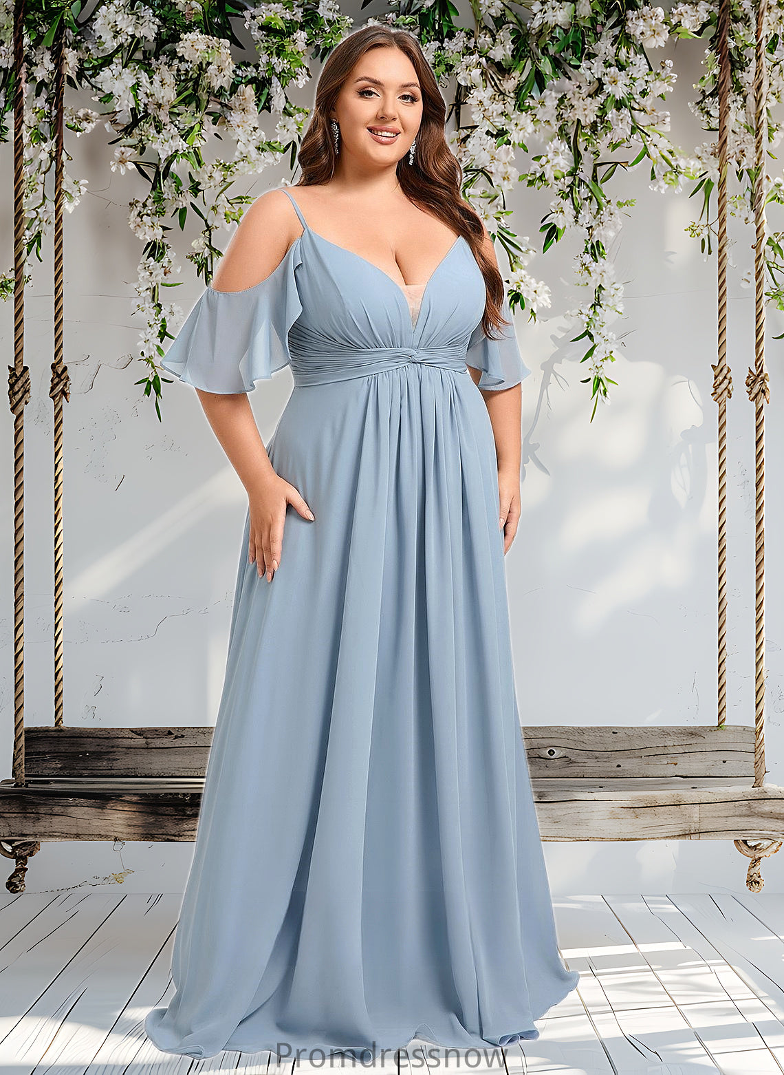 Madyson A-line Cold Shoulder Floor-Length Chiffon Bridesmaid Dress With Ruffle HPP0025797