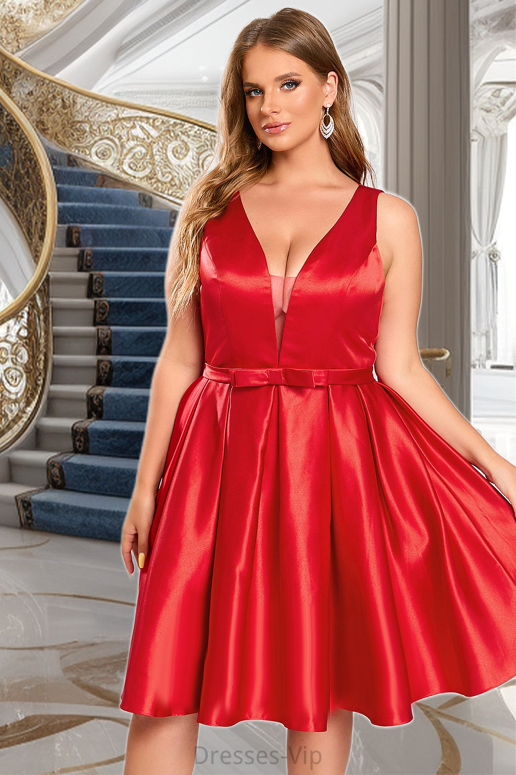 Hilda A-line V-Neck Short/Mini Satin Homecoming Dress With Bow HPP0020583