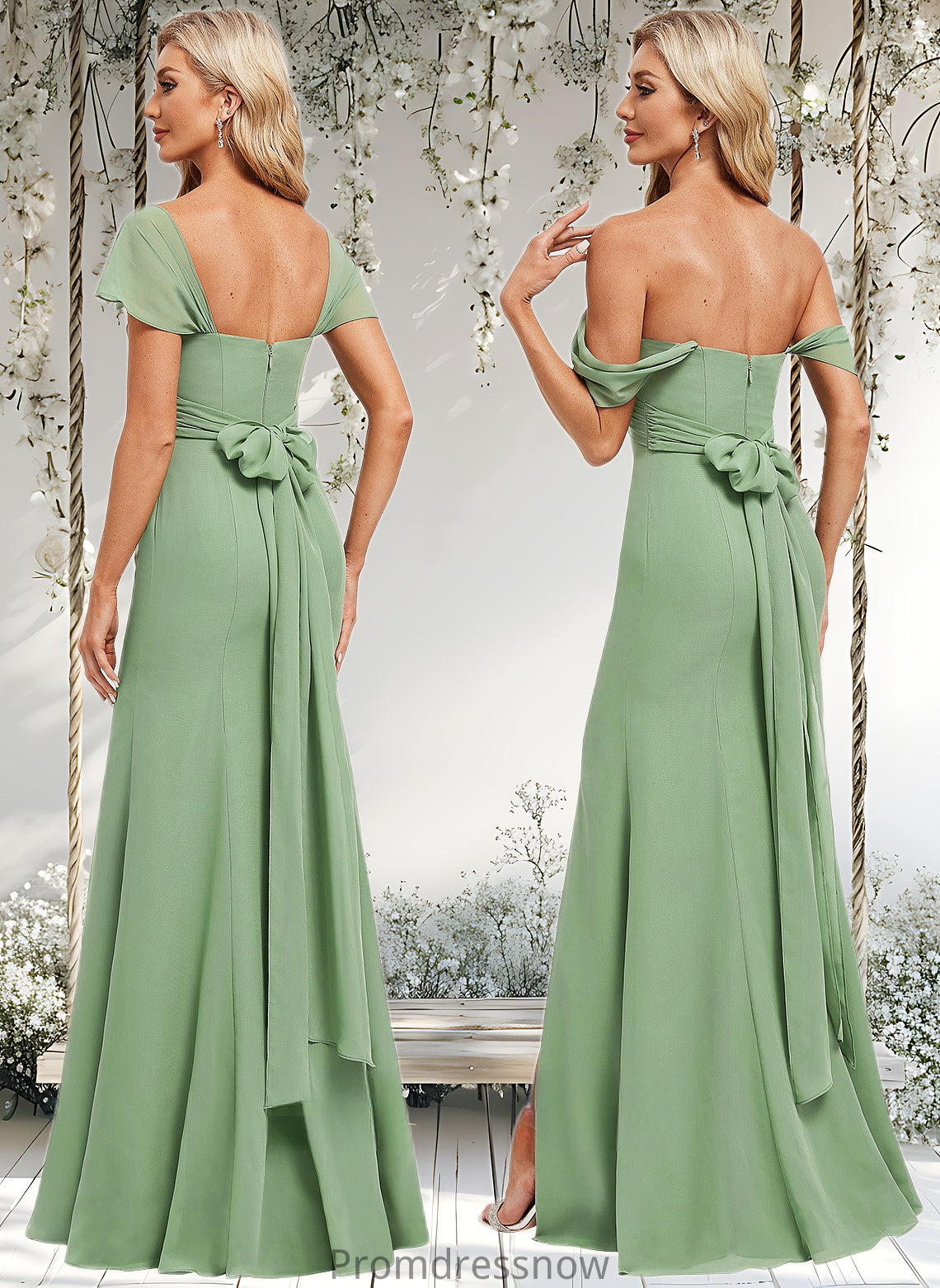 Maud Trumpet/Mermaid Off the Shoulder V-Neck Floor-Length Chiffon Bridesmaid Dress HPP0025810