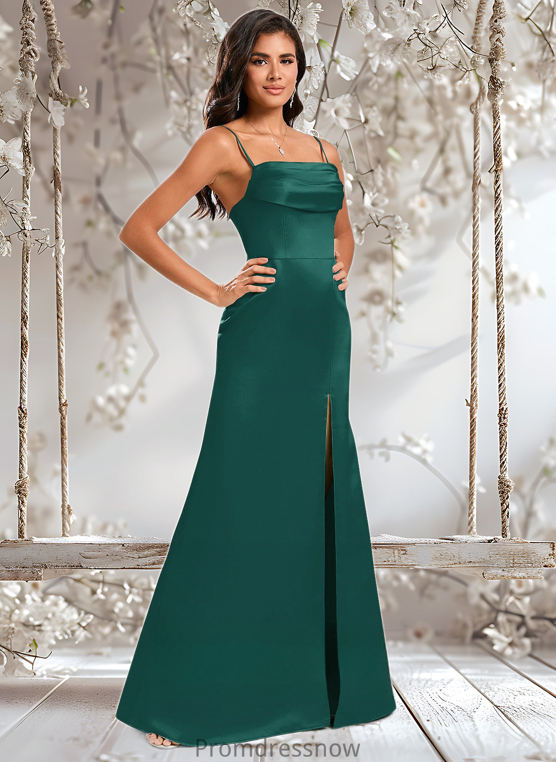 Margery Trumpet/Mermaid Off the Shoulder Square Floor-Length Satin Prom Dresses With Ruffle HPP0025883