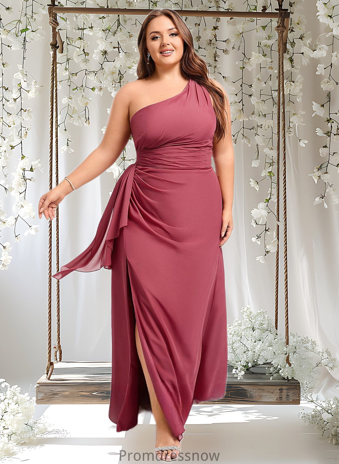 Angela A-line One Shoulder Floor-Length Chiffon Bridesmaid Dress With Ruffle HPP0025824