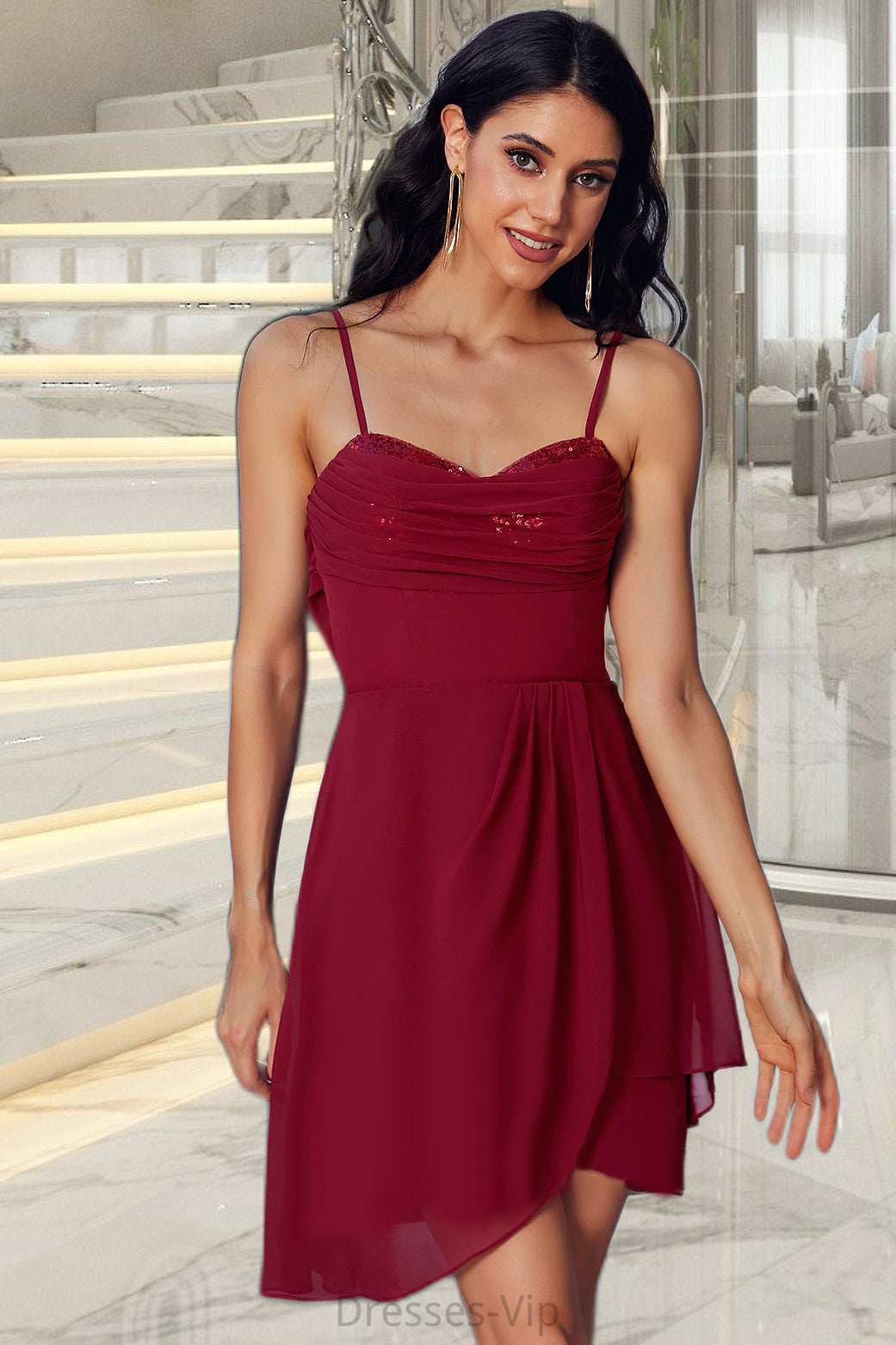 Terri Sheath/Column V-Neck Short/Mini Jersey Sequin Homecoming Dress With Cascading Ruffles Sequins HPP0020509