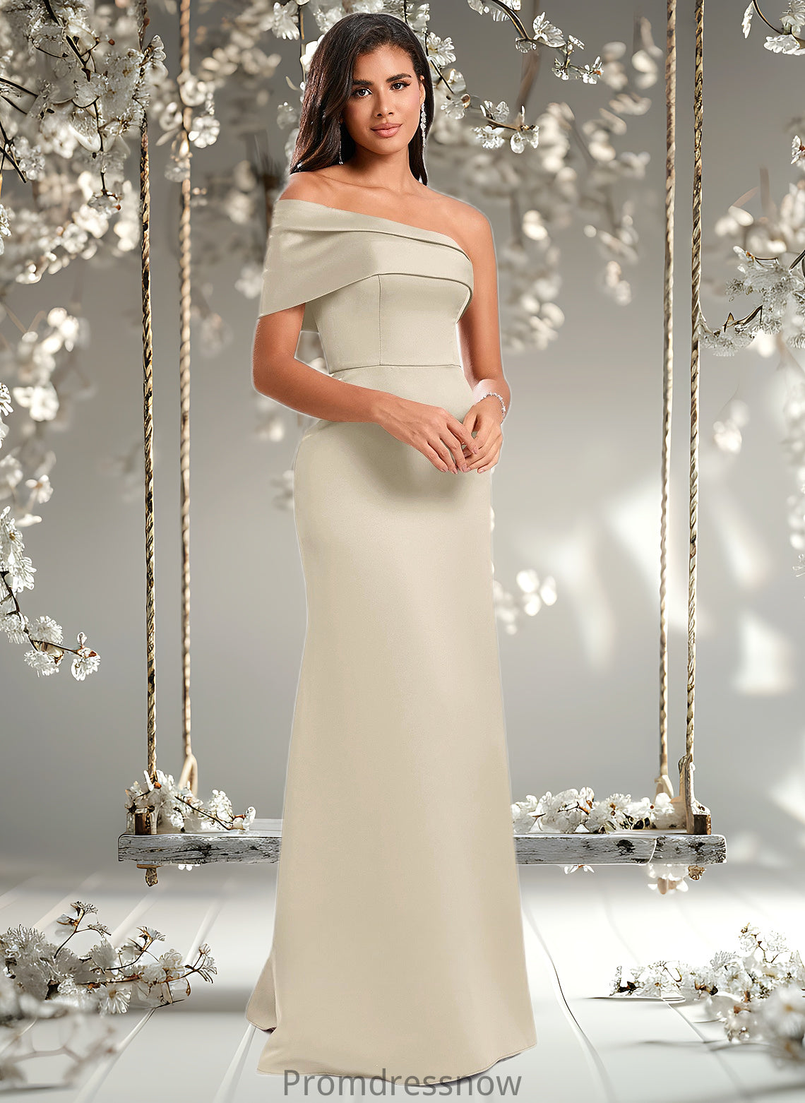 Adrianna A-line Asymmetrical Off the Shoulder Floor-Length Satin Prom Dresses HPP0025884