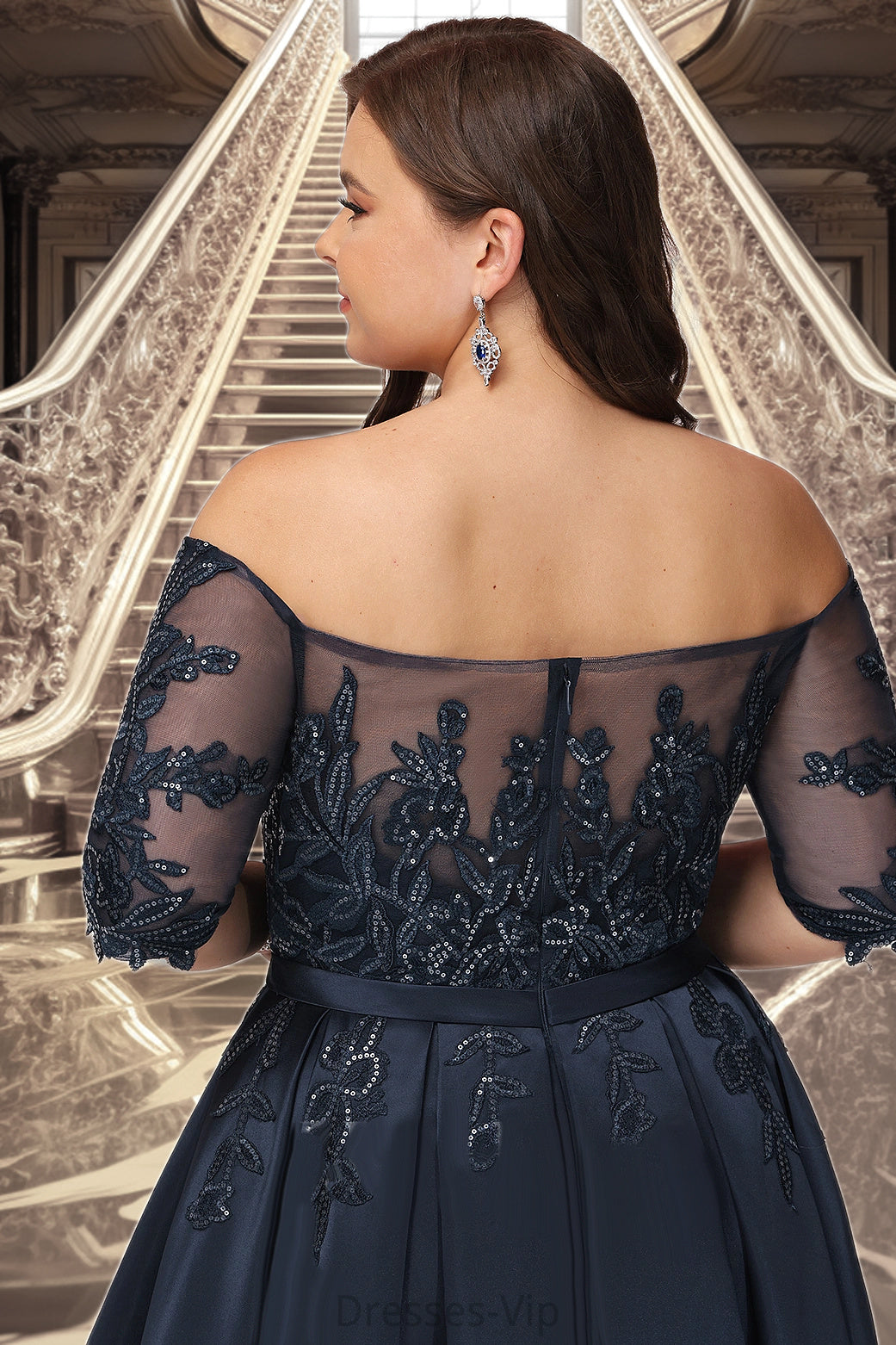 Audrey A-line Off the Shoulder Asymmetrical Lace Satin Homecoming Dress With Sequins HPP0020580