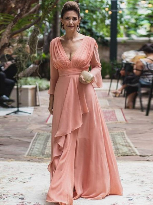 Bianca A-Line/Princess Chiffon Ruffles V-neck Long Sleeves Floor-Length Mother of the Bride Dresses HPP0020384