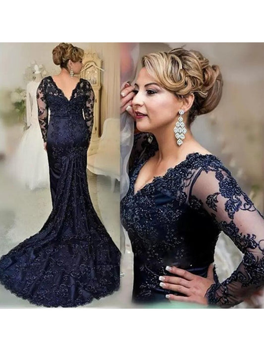 Laila Sheath/Column Lace Applique V-neck Long Sleeves Sweep/Brush Train Mother of the Bride Dresses HPP0020397